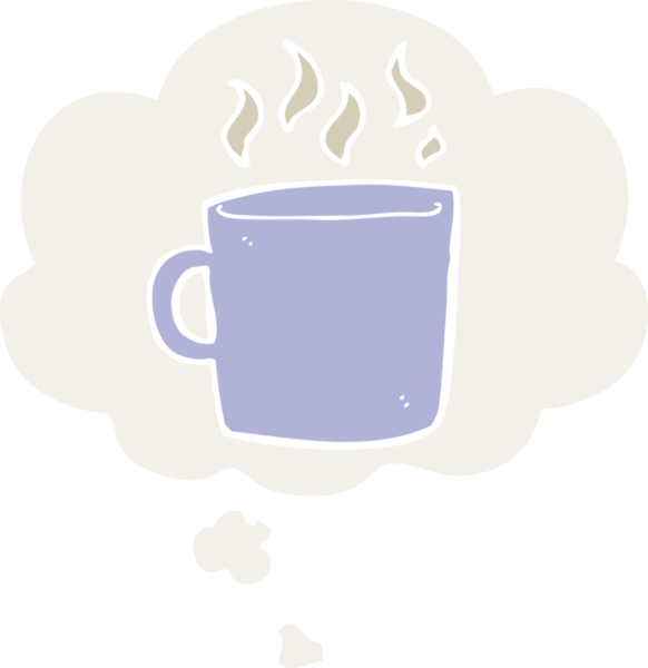 Düşünce baloncuklu bir fincan sıcak kahve insan tarafından çizilmiş.
