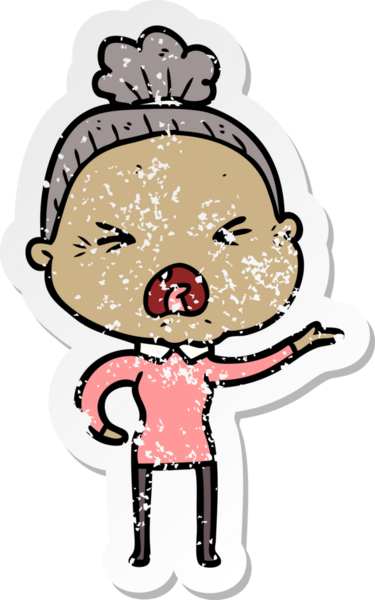 Bir insan tarafından çizilmiş kızgın yaşlı bir kadının sıkıntılı çıkartması.