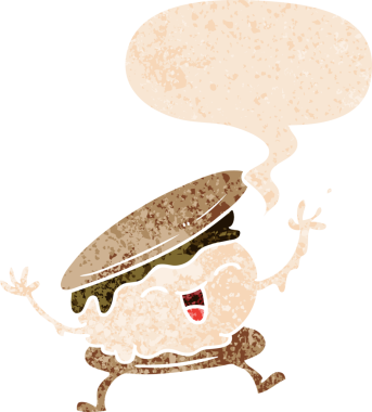 Grunge 'da konuşma baloncuğu olan smore çizgi filmi bir insan tarafından çizilmiş sıkıntılı retro dokuma tarzı