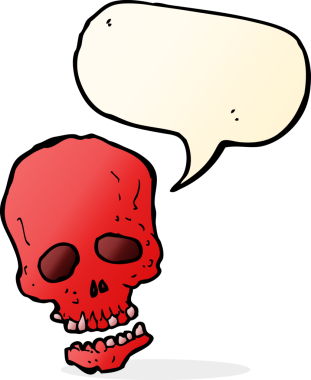 Bir insan tarafından çizilmiş, konuşma baloncuklu bir kafatası.