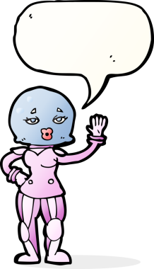 Bir insan tarafından çizilmiş konuşma balonu olan kadın astronot.