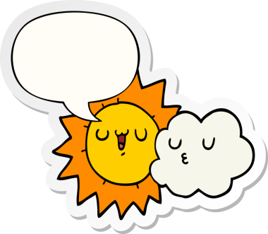 Bir insan tarafından çizilmiş konuşma kabarcığı etiketli karikatür güneşi ve bulut