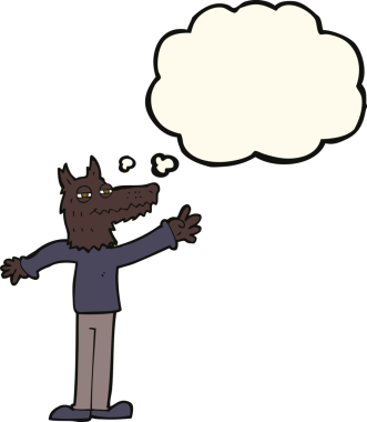 Bir insan tarafından çizilmiş düşünce balonlu bir kurt sallayan çizgi film.