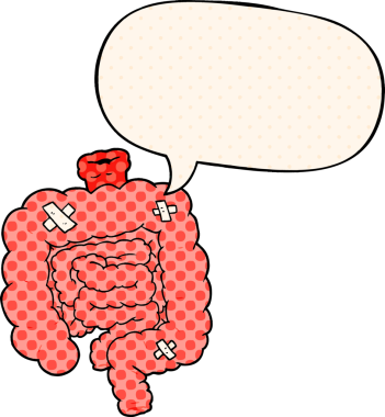 Çizgi roman tarzında bir insan tarafından çizilmiş konuşma baloncuğuyla bağırsakları onardı.