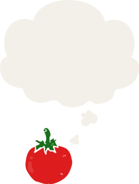 Düşünce baloncuklu karikatür domatesi insan tarafından çizilmiş.