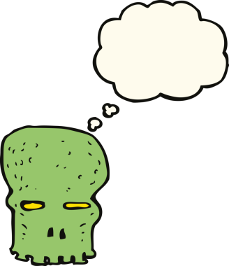 Bir insan tarafından çizilmiş düşünce baloncuklu garip kafatası.