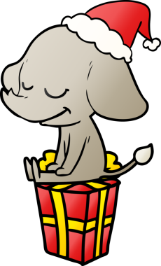 Bir insan tarafından çizilmiş Noel Baba şapkası takan gülümseyen bir filin gradyan çizimi.