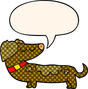 Bir insan tarafından çizilmiş çizgi roman tarzında konuşma balonu olan çizgi film köpeği.