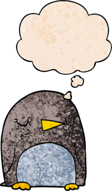 Bir insan tarafından çizilmiş grunge desenli düşünce baloncuklu penguen çizgi filmi.