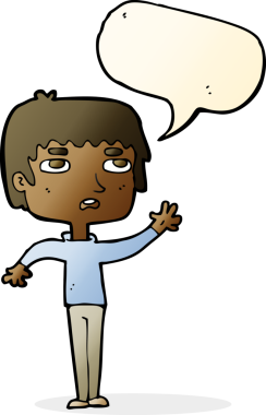 bir insan tarafından çizilmiş konuşma balonuyla el sallayan mutsuz bir çocuk.