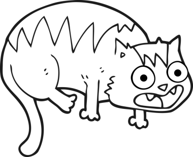 Bir insan tarafından çizilmiş siyah beyaz çizgi film kedisi.