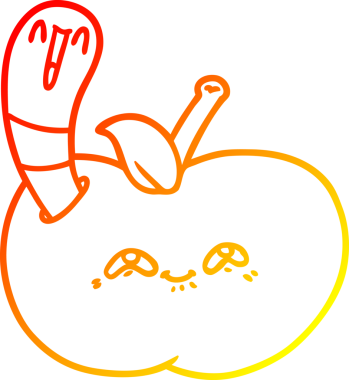 Bir insan tarafından çizilmiş mutlu bir elmanın içindeki çizgi film solucanının sıcak çizgi çizimi.