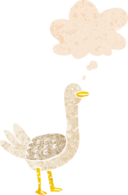 Düşünce baloncuğu ve grunge ile çizgi film kuşu bir insan tarafından çizilmiş sıkıntılı retro tarzı