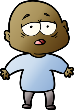 Bir insan tarafından çizilmiş yorgun, kel bir adam.