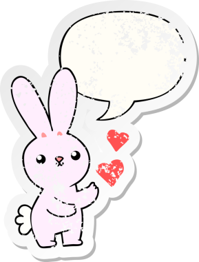Tatlı çizgi film tavşanı, aşk dolu kalpler, konuşma baloncuğu, sıkıntılı eski bir çıkartma, bir insan tarafından çizilmiş.