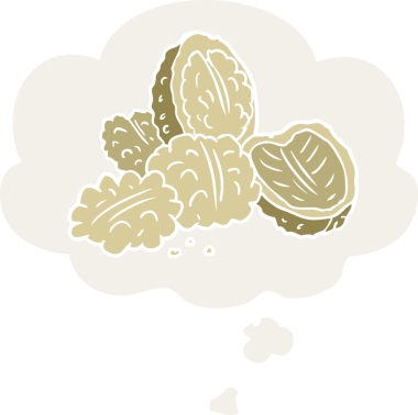 Düşünce baloncuklu karikatür cevizleri insan tarafından çizilmiş.