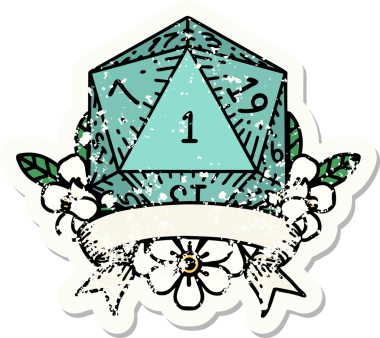 Bir insan tarafından çizilmiş doğal bir d20 zarının grunge çıkartması.