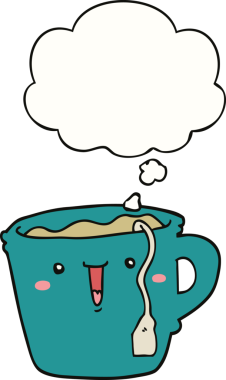 Bir insan tarafından çizilmiş düşünce baloncuklu şirin çizgi film kahve fincanı.