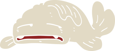 Düz renkli karikatür. Bir insan tarafından çizilmiş üzgün yaşlı balık.