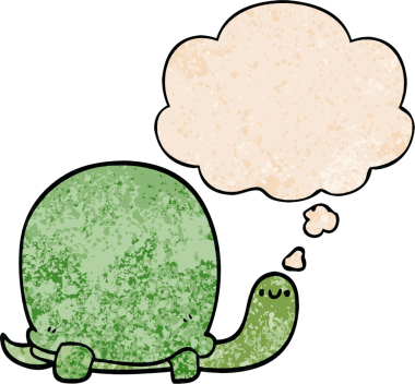Bir insan tarafından çizilmiş grunge desenli düşünce baloncuğu olan sevimli çizgi kaplumbağa.