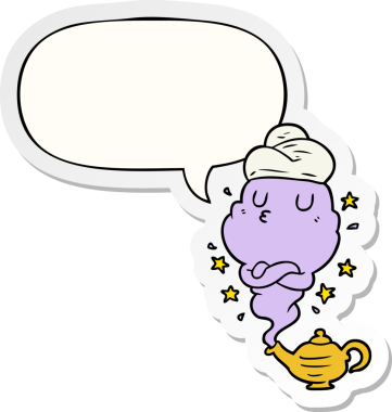 Lambadan yükselen sevimli çizgi film cini. Bir insan tarafından çizilmiş konuşma balonu çıkartmasıyla.