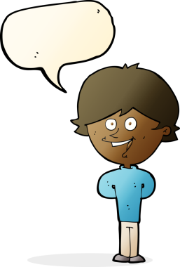 Bir insan tarafından çizilmiş konuşma balonu olan mutlu bir çocuk.