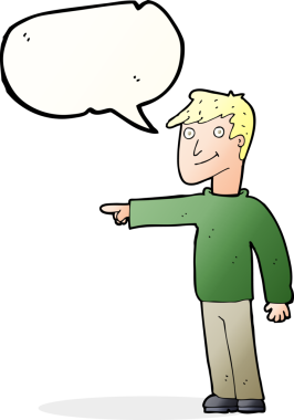 Bir insan tarafından çizilmiş bir konuşma balonuyla işaret eden çizgi film adamı.