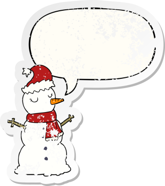 Konuşma baloncuğu olan kardan adam bir insan tarafından çizilmiş sıkıntılı eski bir çıkartma