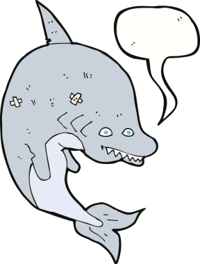 Bir insan tarafından çizilmiş konuşma baloncuklu çizgi film köpekbalığı.