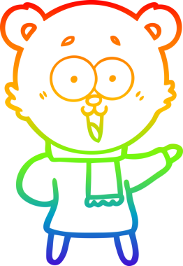 Gökkuşağı gradyan çizgisi. Bir insan tarafından çizilmiş kışın çizilmiş gülen oyuncak ayı çizgi filmi.