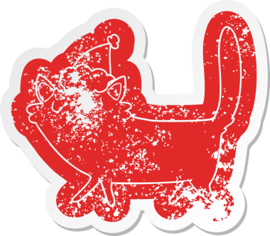 Bir insan tarafından çizilmiş Noel Baba şapkası takan siyah bir kedinin sıkıntılı karikatürü.