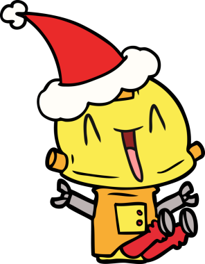 Bir insan tarafından çizilmiş Noel Baba şapkası giyen bir robotun el çizimi.