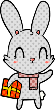 Bir insan tarafından çizilmiş Noel hediyeli şirin çizgi film tavşanı.