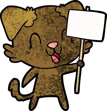 Bir insan tarafından çizilmiş tabelalı gülen köpek.