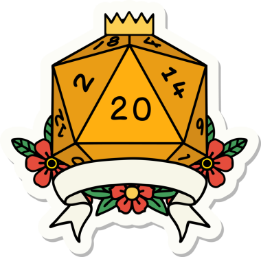 Bir insan tarafından çizilmiş 20 kritik vuruşluk D20 zar etiketi.