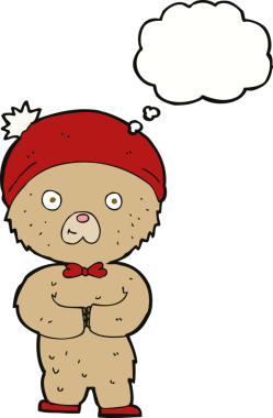 Bir insan tarafından çizilmiş düşünce balonlu oyuncak ayı.