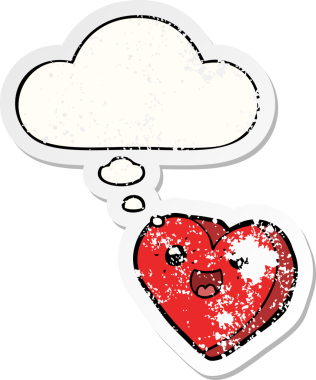 Düşünce baloncuğu olan kalp çizgi film karakteri insan tarafından çizilmiş yıpranmış bir çıkartma gibi.