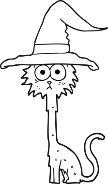 Bir insan tarafından çizilmiş siyah beyaz cadılar bayramı kedisi çizimi.