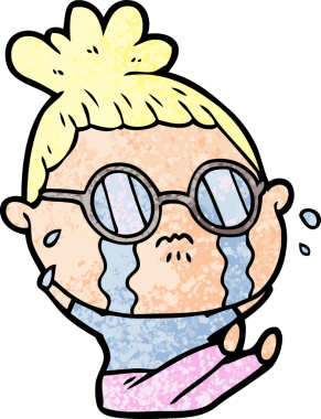 Bir insan tarafından çizilmiş gözlüklü, ağlayan bir kadın.