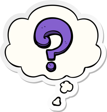 insan tarafından çizilmiş bir çıkartma olarak düşünce baloncuğu ile çizgi film soru işareti