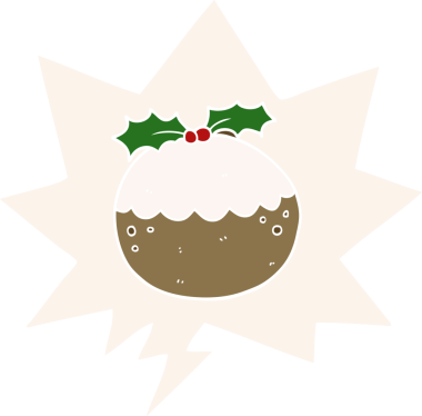 Karikatür noel pudingi konuşma baloncuğu ile retro tarzı bir insan tarafından çizilmiş.