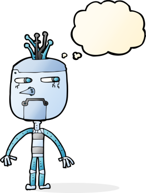 Bir insan tarafından çizilmiş düşünce baloncuklu komik robot.