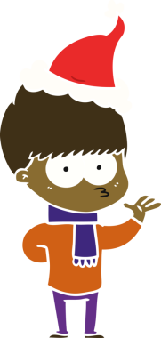 Bir insan tarafından çizilmiş Noel Baba şapkası takan bir çocuğun düz renk çizimi.