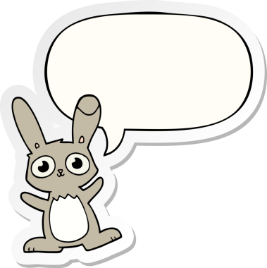 Bir insan tarafından çizilmiş baloncuk çıkartmalı şirin çizgi film tavşanı.