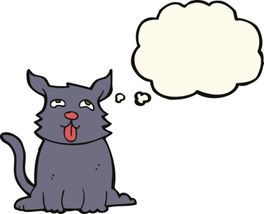 Bir insan tarafından çizilmiş düşünce balonlu mutlu bir köpek.