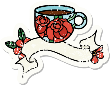 Bir fincan sancağıyla eski bir etiket ve bir insan tarafından çizilmiş çiçekler.