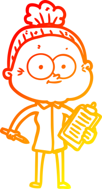 Bir insan tarafından çizilmiş mutlu, yaşlı bir kadının sıcak çizgi çizimi.