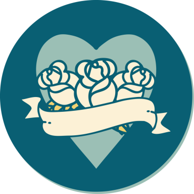 Geleneksel kalp stili dövme çıkartması ve bir insan tarafından çizilmiş çiçekli pankart.