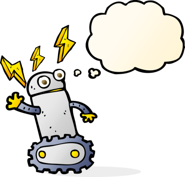 Bir insan tarafından çizilmiş düşünce baloncuklu çizgi film robotu