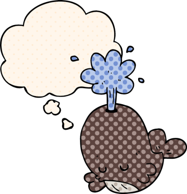 Bir insan tarafından çizilmiş, düşünce baloncuğu olan çizgi film balinası.